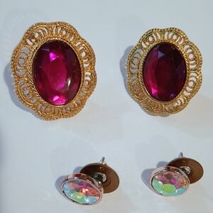 Gold Tone Filigree Earrings Fushia Gemstones/ Aurora Borealis Type Golden Studs
